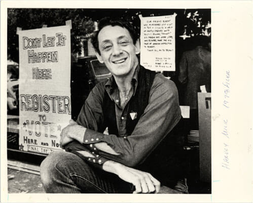 Harvey Milk sitting in front of Castro Camera on Castro Street, San Francisco  1977 sign reads, "Don't Let It Happen Here" - Register to Vote"  