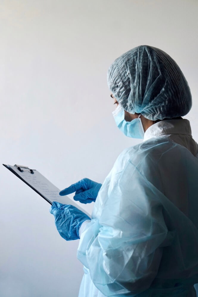 Black doctor wearing PPE holding chart