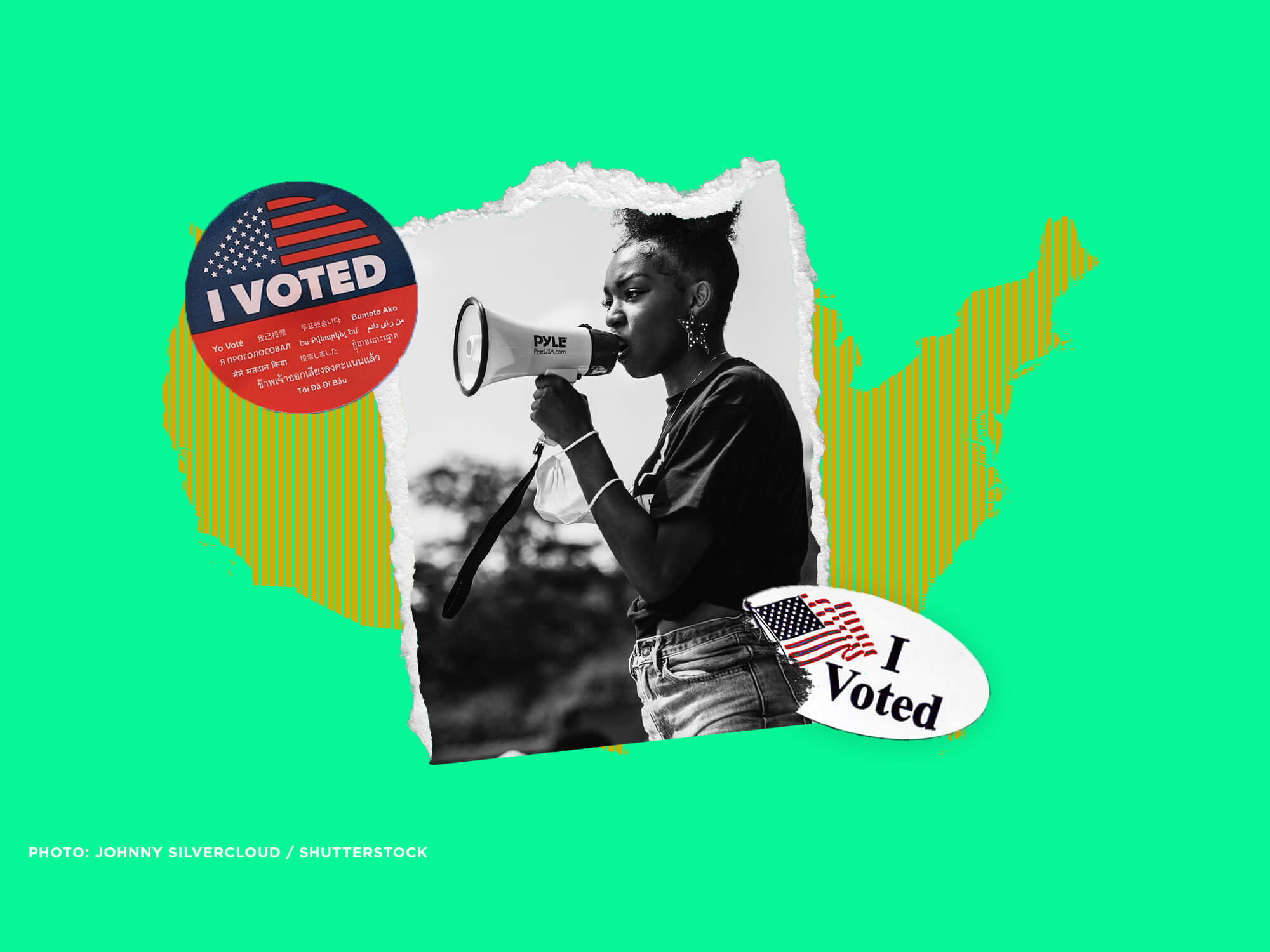 Black women with bullhorn at protest; two "I voted" stickers; in background, shape of the United States