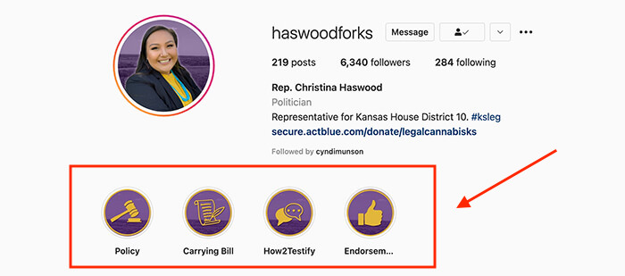 Screenshot of Kansas Rep. Haswood's Instagram Stories Highlights