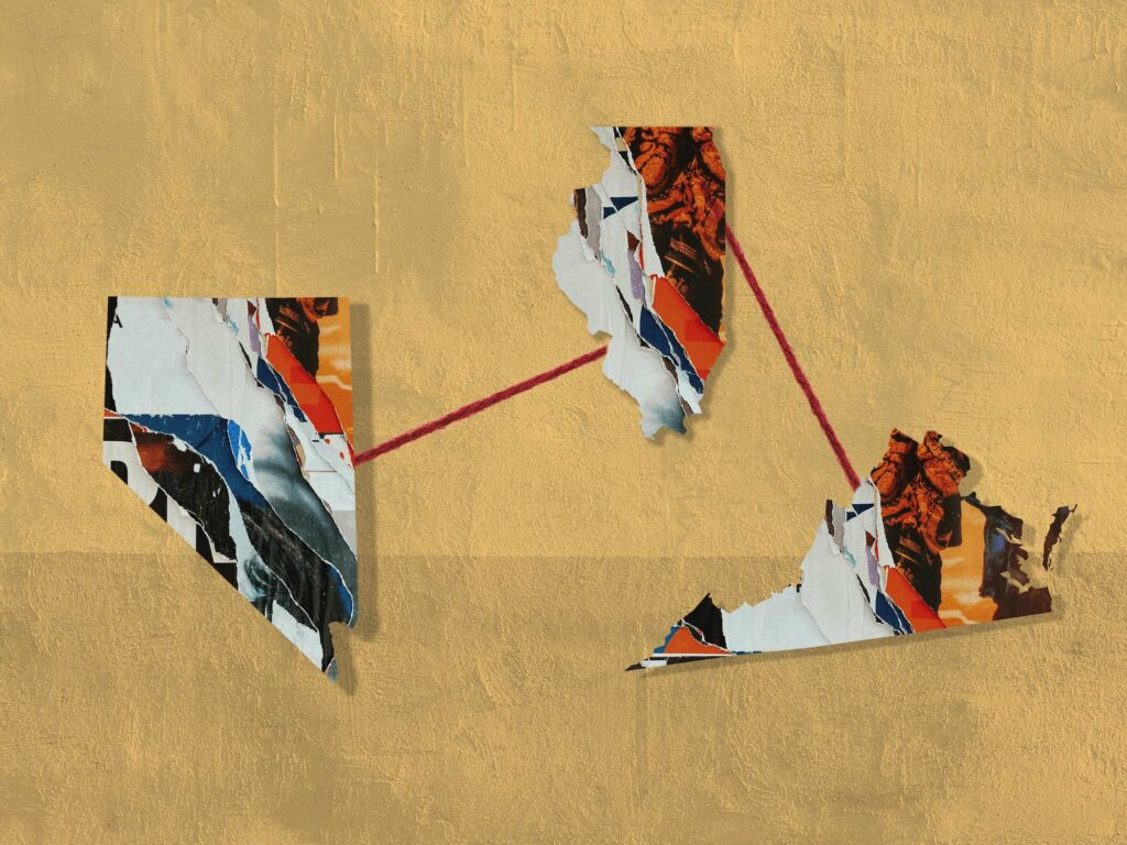 A collage of the shape of nevada, illinois, and virginia state maps and connected with yarn