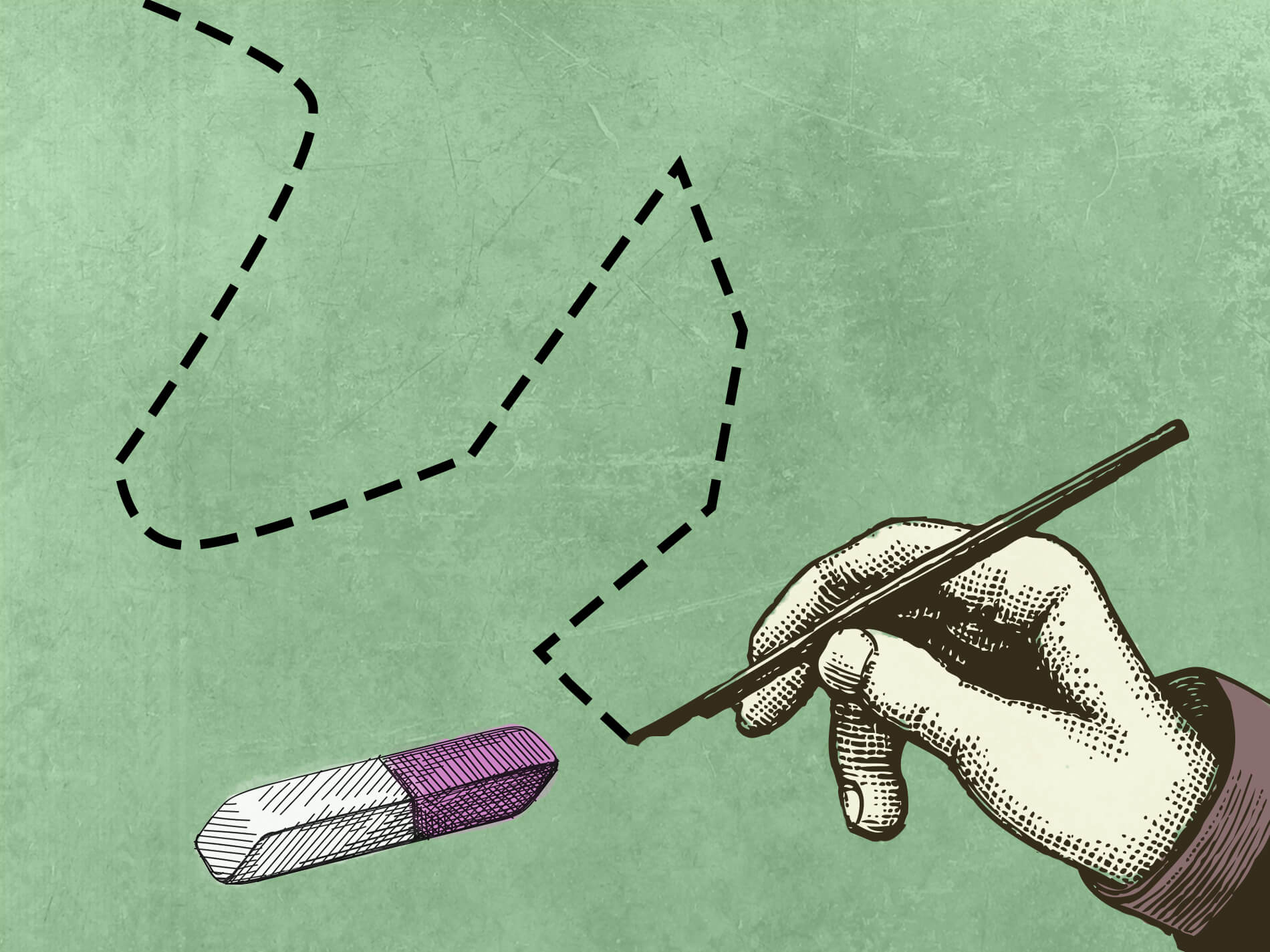 Vintage-style drawing of hand drawing dotted line near pink and white eraser across green expanse