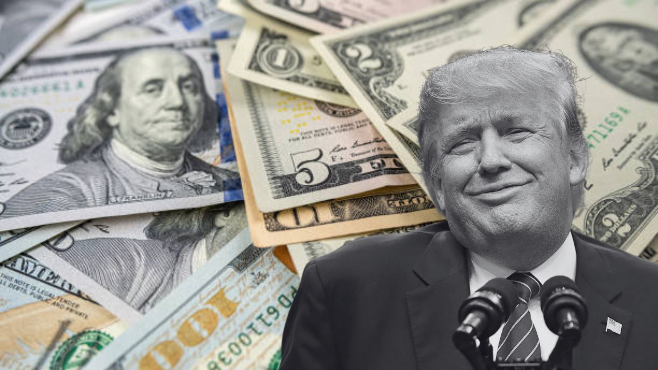 Stacks of money with Trump's face overlaid on top